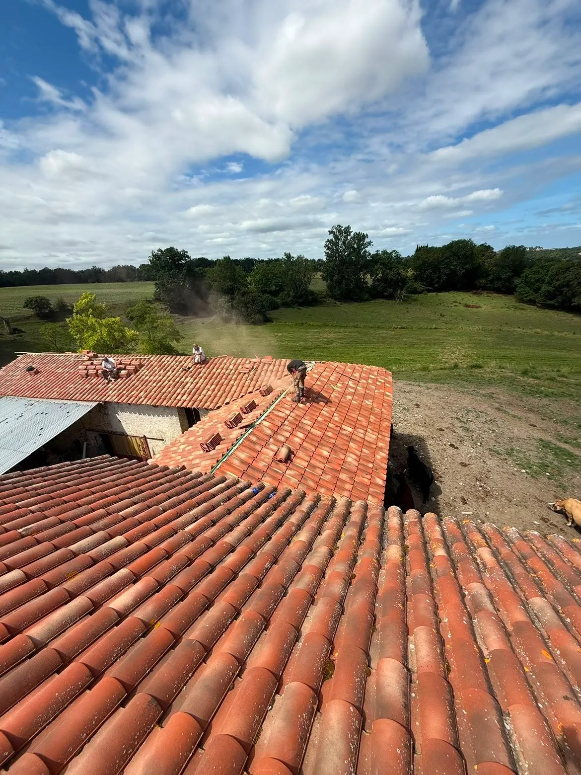 Équipe de couvreurs sur le chantier d'une ferme dans la campagne gersoise